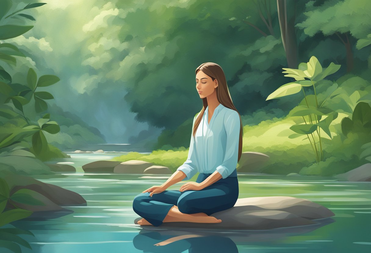 A serene figure sits in a cross-legged position, surrounded by a tranquil natural setting with gentle flowing water and lush greenery