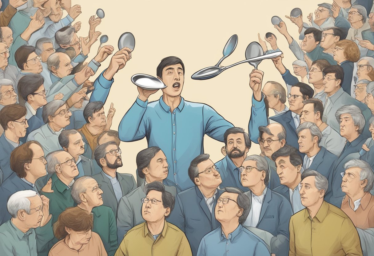 A person attempting to bend a spoon with their mind, surrounded by skeptics and skeptics