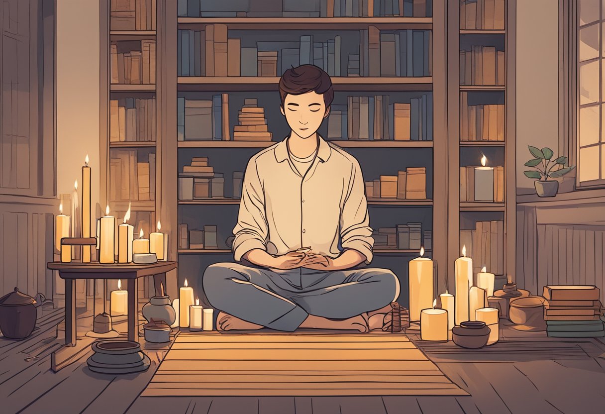 A person sitting in a quiet room, focusing on a small object, surrounded by candles and incense, with a calm and focused expression