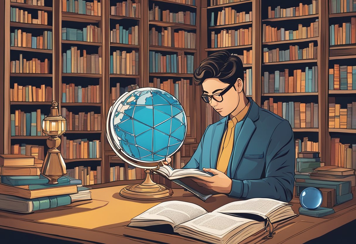 A person reading a book on ESP surrounded by books, a globe, and a crystal ball on a desk