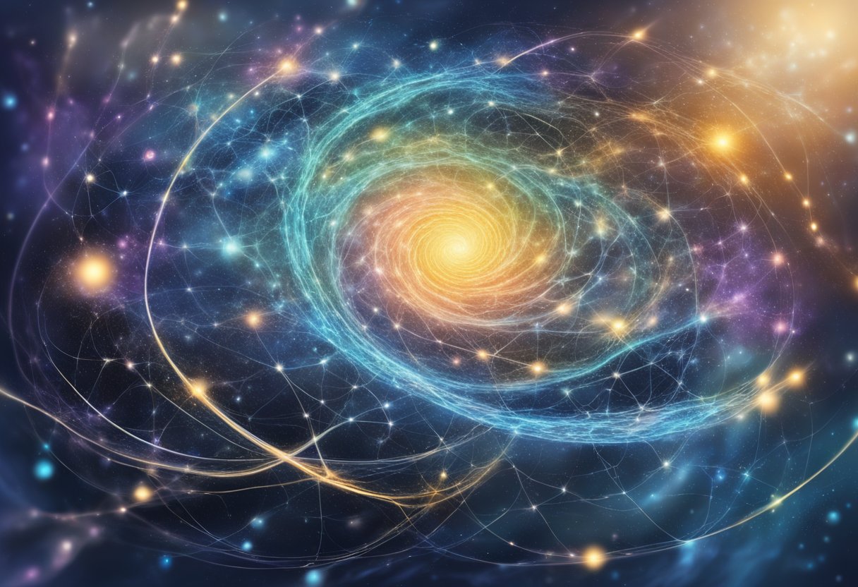 A swirling galaxy of interconnected neurons, representing the universal subconscious mind, with abstract symbols and equations floating within its depths