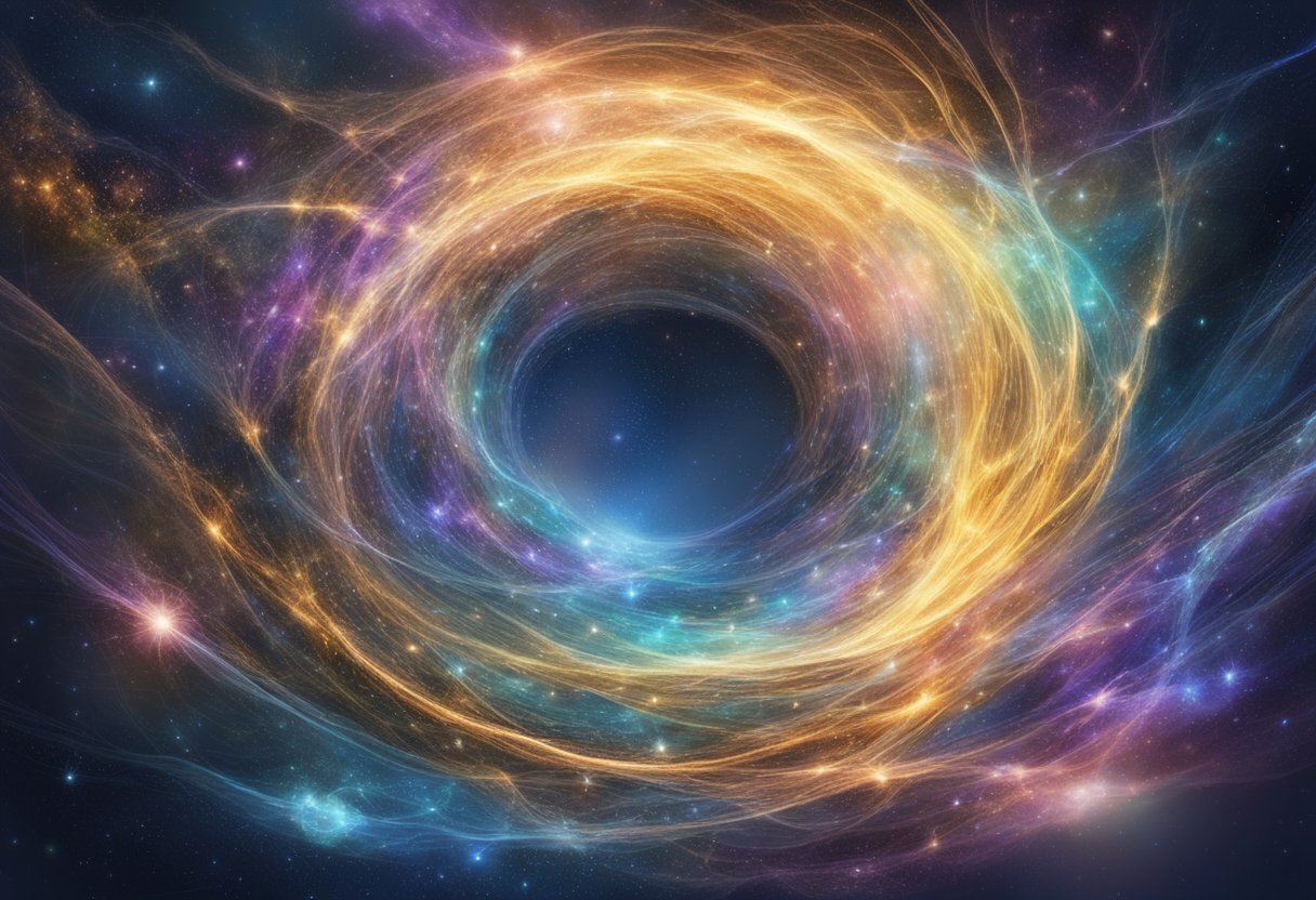 A vast, swirling galaxy of thoughts and memories, interconnected by glowing threads of energy, emanating from a central source of pure consciousness