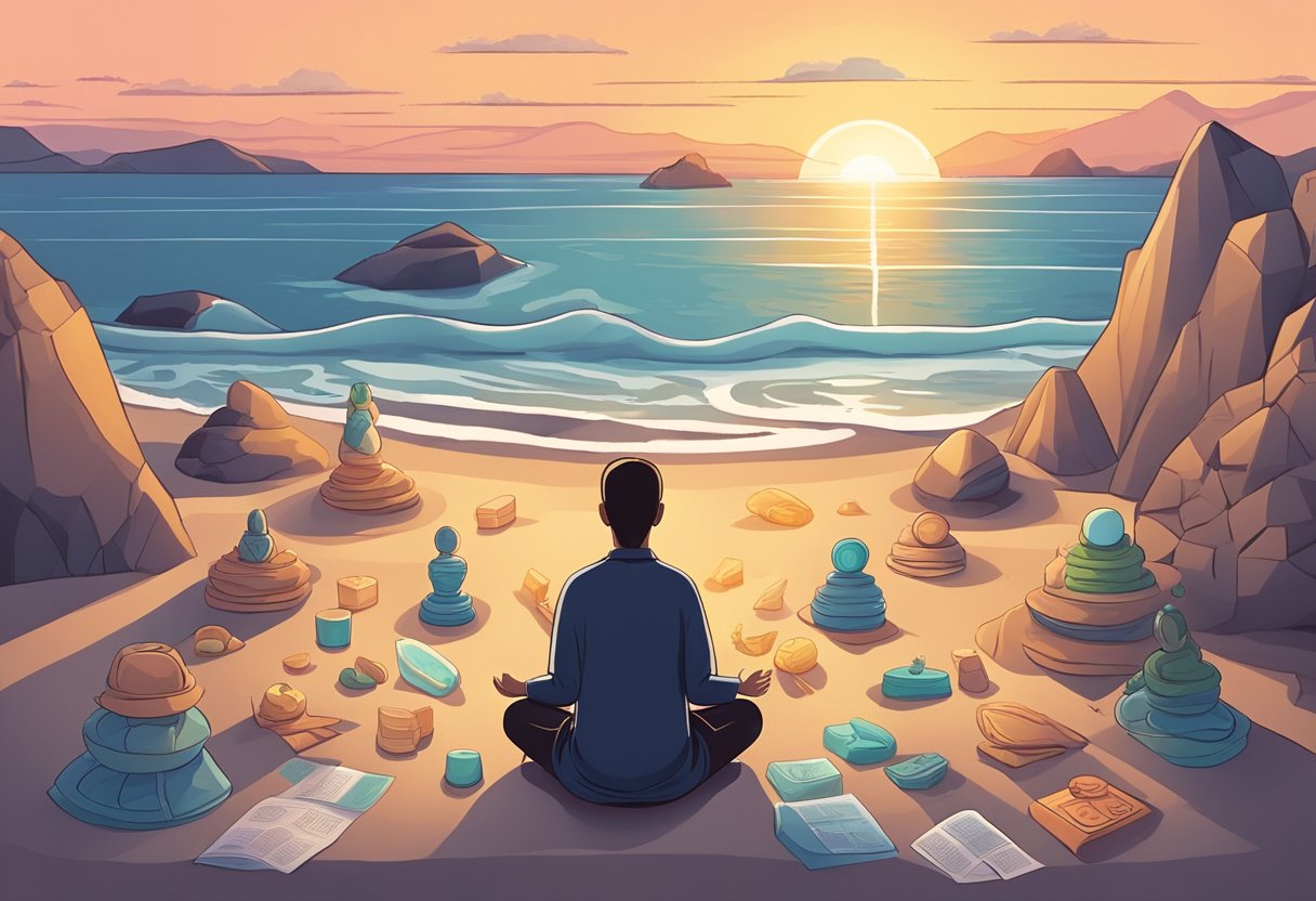 A serene beach at sunset with a figure sitting in meditation, surrounded by ten symbolic objects representing self-help advice