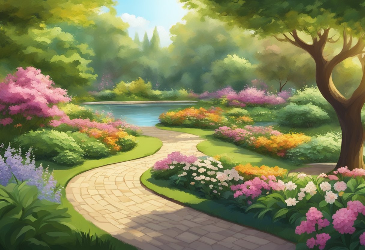 A serene garden with blooming flowers and a winding path leading to a tranquil pond, surrounded by lush greenery and bathed in warm sunlight