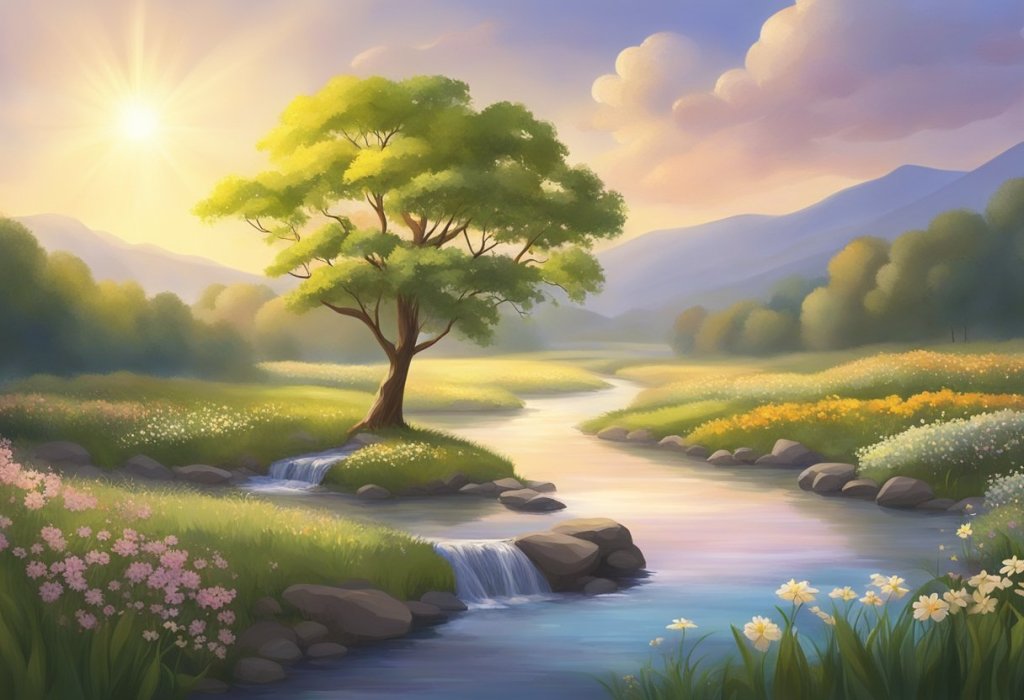A serene landscape with a single tree at the center, surrounded by a gentle stream and blooming flowers. The sun shines down, casting a warm glow over the scene