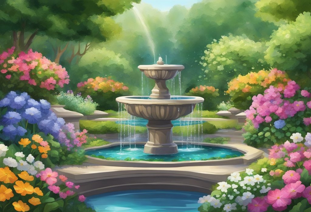 A serene garden with colorful crystals placed around a flowing fountain, surrounded by lush greenery and blooming flowers