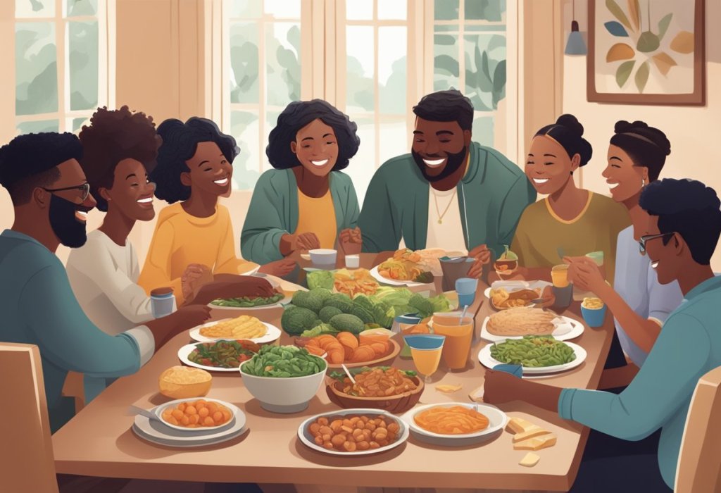 A group of diverse individuals gather around a table filled with food, smiling and sharing in a moment of gratitude and connection