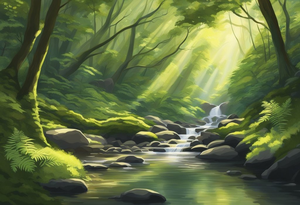 Sunlight filtering through dense forest canopy, casting dappled shadows on moss-covered rocks and ferns. A gentle stream flows, birdsong fills the air