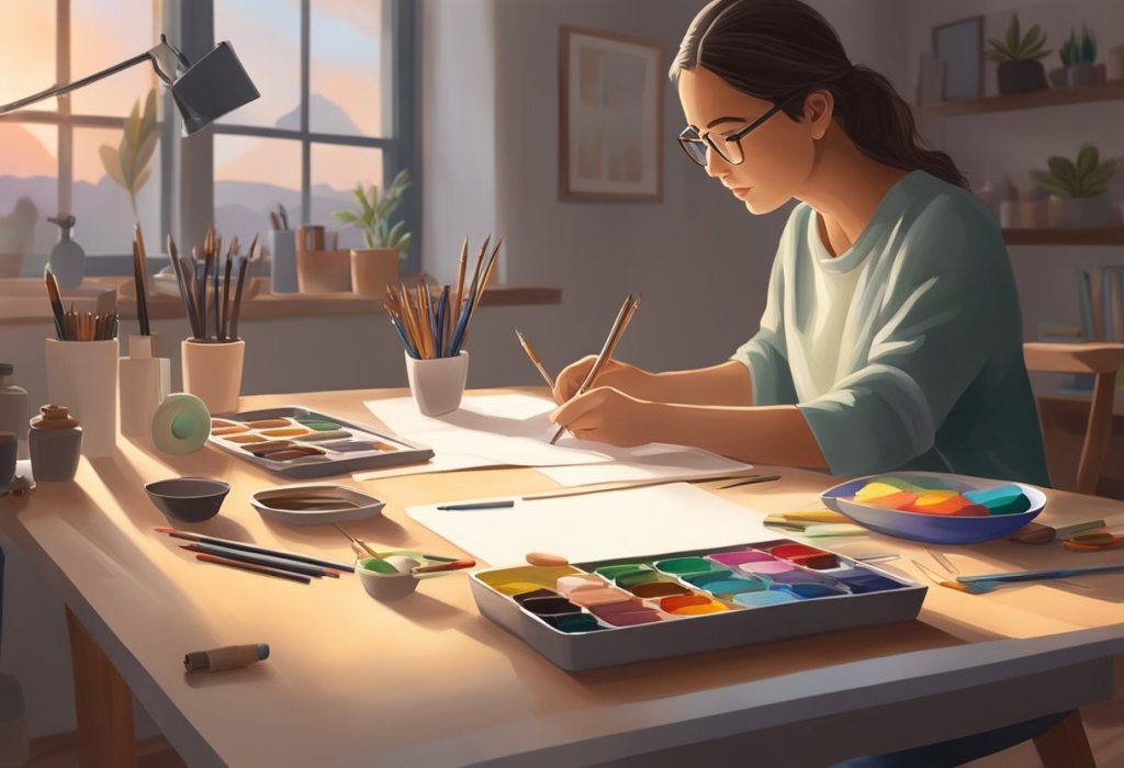 A serene setting with art supplies scattered on a table, soft lighting, and a person peacefully creating art