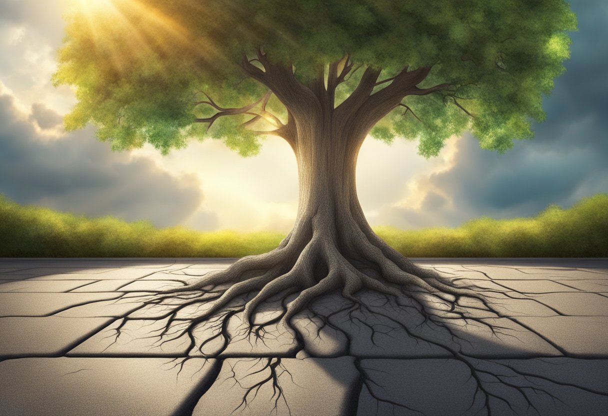 A tree with deep roots and vibrant leaves growing from a cracked pavement, surrounded by sunlight breaking through the clouds