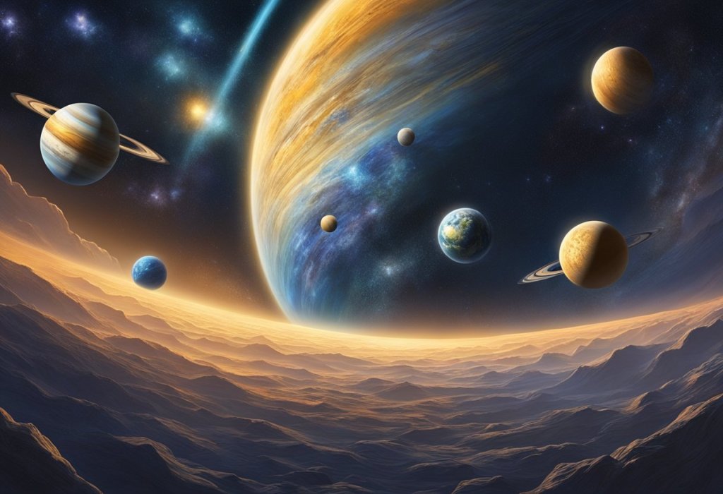 The planets align in a mesmerizing celestial dance, casting a radiant glow on the Earth below. The cosmic energy pulsates through the atmosphere, evoking a sense of wonder and awe