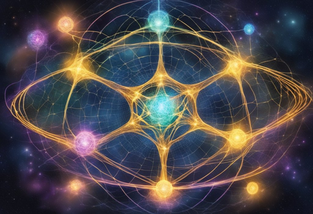A web of glowing energy connects all living beings in a cosmic dance of interconnected consciousness