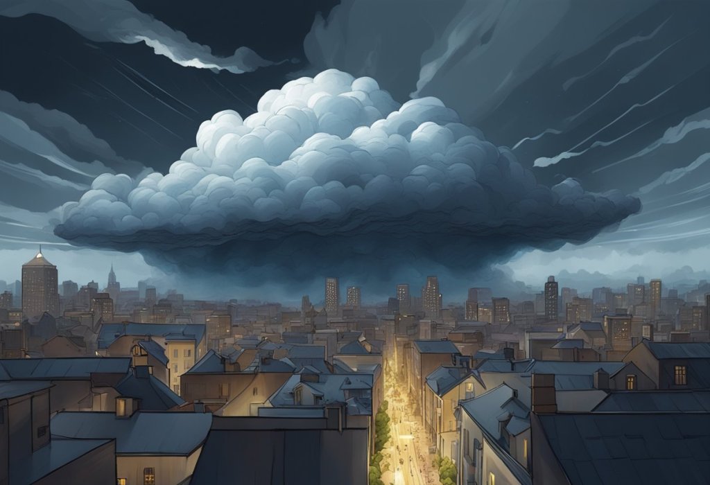 A stormy cloud hovering over a sleeping city, casting a dark shadow and causing chaos below