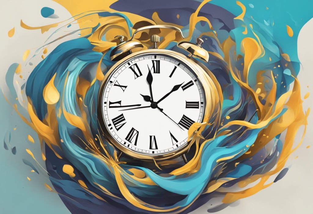 A clock melting like a Dali painting, its hands swirling in a chaotic dance